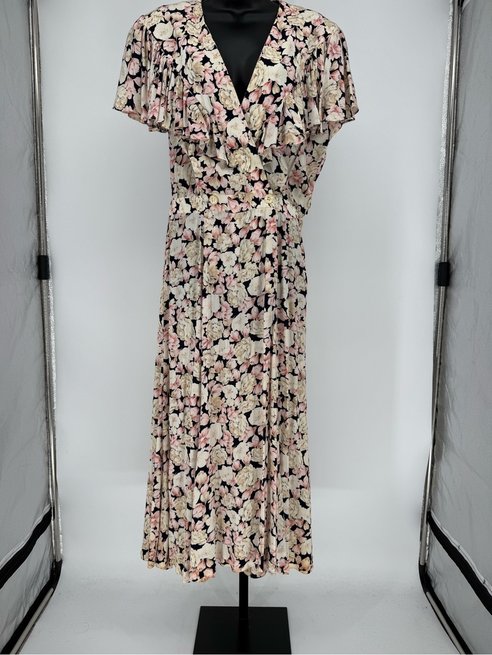 VTG Floral Wrap Midi Dress - Pink & Cream sz10